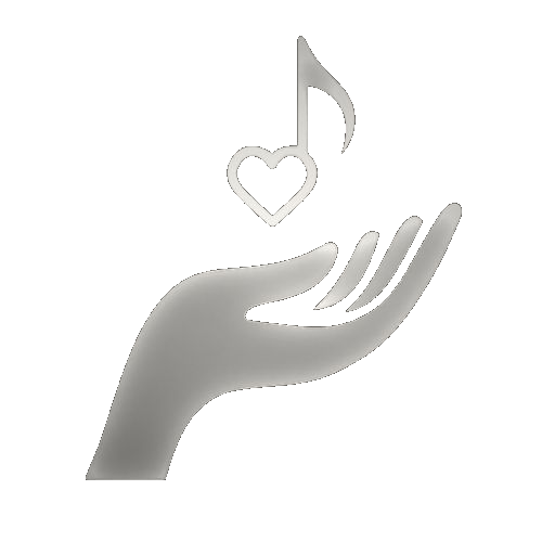 silberne stilisierte Hand mit offenem Handfläche nach oben, darüber ein Herz verbunden mit einer Musiknote auf schwarzem Hintergrund
