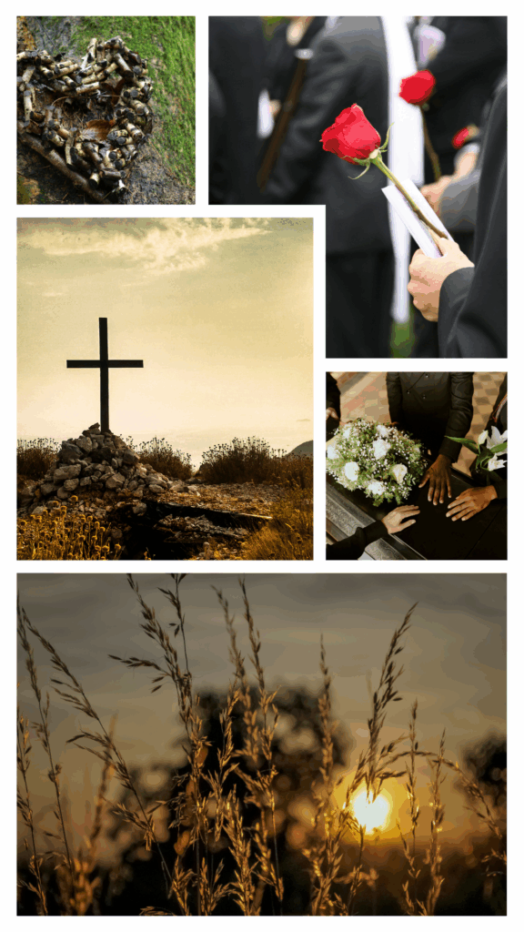 Collage mit fünf Bildern: oben links ein Herz aus birkenähnlichen Zweigen und Moos auf einem Baumstamm, oben rechts Menschen in schwarzer Trauerkleidung mit roten Rosen, mittig links ein Holzkreuz auf einem Steinhaufen in einer trockenen Landschaft bei Sonnenuntergang, mittig rechts schwarze Menschen in formeller Trauerkleidung legen Hände auf einen Sarg mit einem weißen Blumenstrauß, unten im Bild Gräser vor dem Hintergrund eines Sonnenuntergangs.