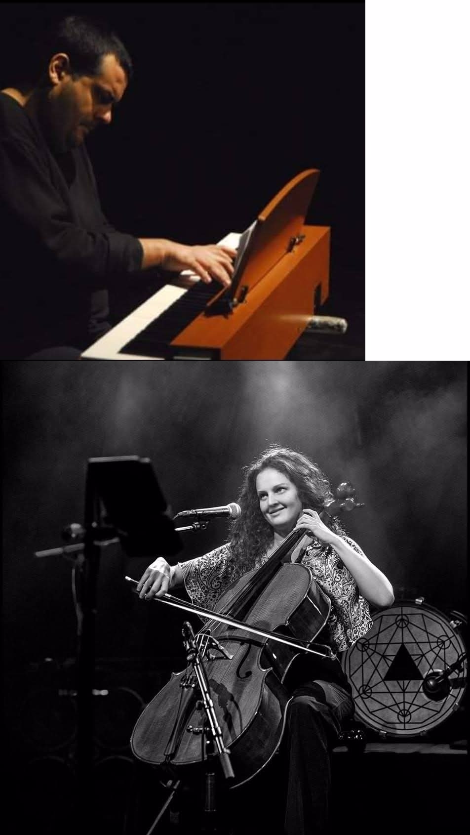 Oberes Bild: Mann spielt konzentriert auf einem braunen Tasteninstrument unter gedimmtem Licht. Unteres Bild: Frau mit lockigem Haar spielt Cello auf einer Bühne, lächelt und ist von Mikrofonen und einem Schlagzeug mit geometrischem Muster im Hintergrund umgeben.