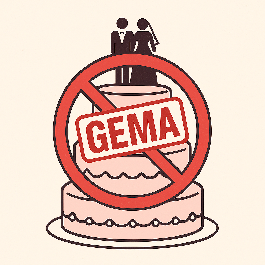 Zweistöckige Hochzeitstorte mit Brautpaarfigur oben und rotem Verbotssymbol darüber, auf dem in großen roten Buchstaben "GEMA" steht