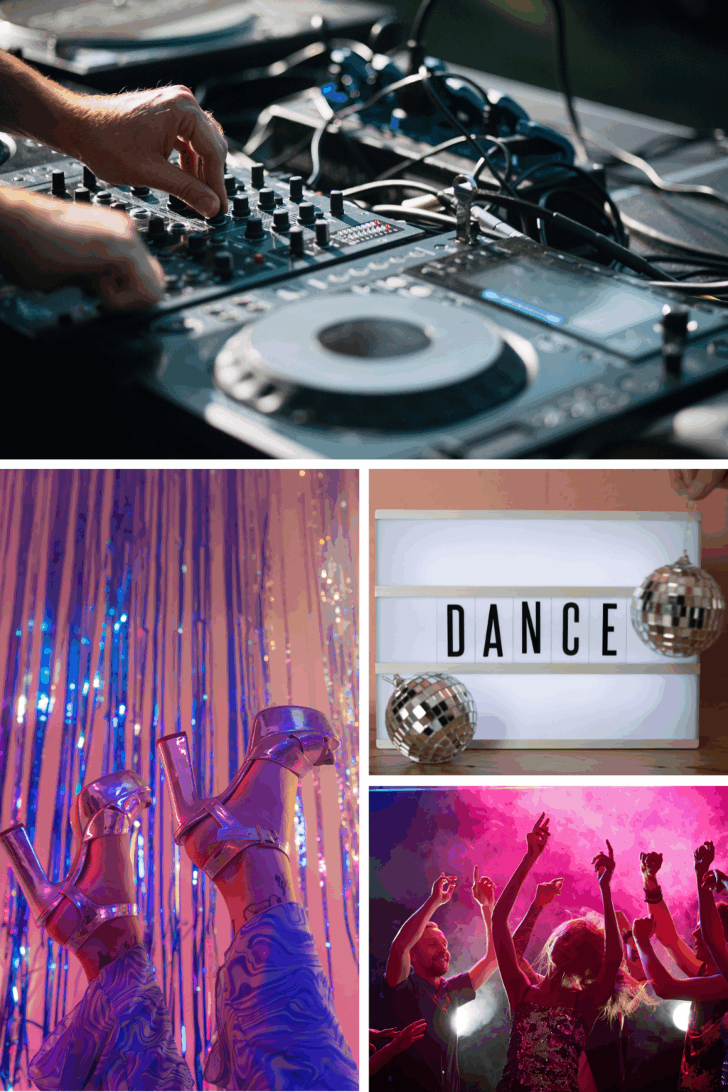 Collage aus vier Bildern: Hand an DJ-Pult mit Reglern und Kabeln, Beine mit glitzernden High Heels vor buntem Hintergrund mit Lametta, Leuchttafel mit dem Schriftzug 'DANCE' und zwei kleinen Discokugeln, Gruppe von Menschen beim Tanzen mit buntem Licht und Nebeleffekt.