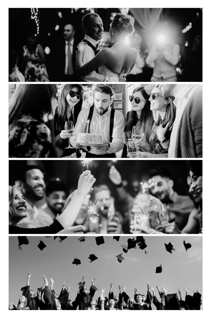 Die Musikervermittlung für feiernde Menschen: Hochzeitstanz eines Paares, geburtstagfeiernde Gruppe mit Kuchen und Kerzen, Menschen mit Wunderkerzen bei einer Party, Absolventen werfen ihre Hüte in die Luft bei einer Abschlussfeier.
