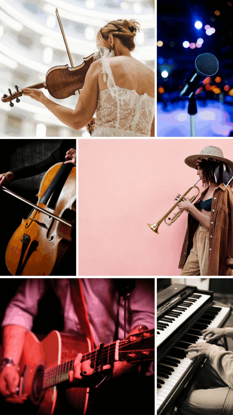 Collage mit sechs Bildern: Oben links eine Frau mit Hochsteckfrisur und weißer Spitzenbluse spielt Violine in einem modernen, hellen Raum; oben rechts ein Mikrofon vor buntem Bühnenlicht; Mitte links eine Person spielt Cello vor dunklem Hintergrund; Mitte rechts eine Frau mit Strohhut, braunem Hemd und beiger Hose spielt Trompete vor einer rosa Wand; unten links eine Person spielt Akustikgitarre mit roten Bühnenlichtern; unten rechts Hände spielen Klavier bei neutraler Beleuchtung.