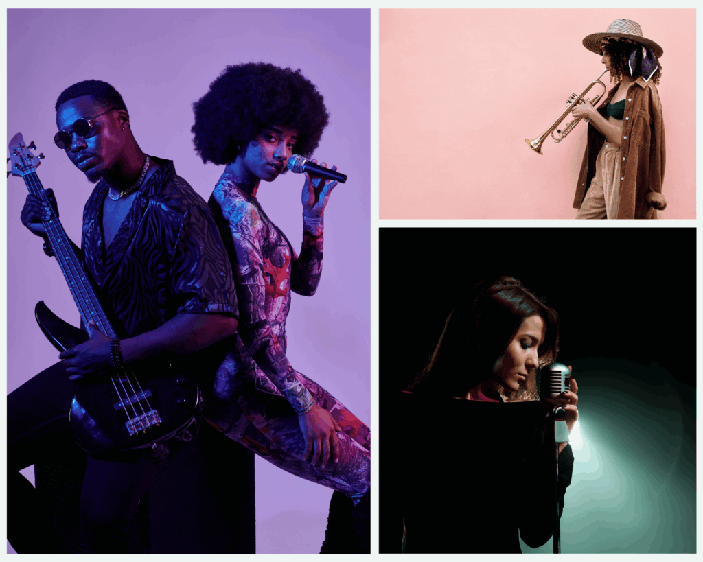 Collage mit drei Bildern: links zwei Musiker mit Gitarre und Mikrofon vor lilafarbenem Hintergrund, oben rechts eine Frau mit Trompete, Strohhut und brauner Kleidung vor rosa Wand, unten rechts eine Frau, die in ein klassisches Mikrofon vor dunklem Hintergrund singt.