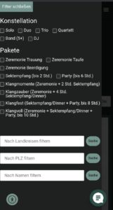 Screenshot einer Filterseite für Musiker auf der Musikervermittlung klanggeber-vermittlung.de mit Optionen zur Auswahl von Konstellationen (Solo, Duo, Trio, Quartett, Band, DJ) und Paketen (Zeremonie Trauung, Taufe, Beerdigung, Sektempfang, Party, Klangmomente, Klangzauber, Klangfest, Klangvoll) sowie Suchfeldern zum Filtern nach Landkreisen, PLZ und Namen.