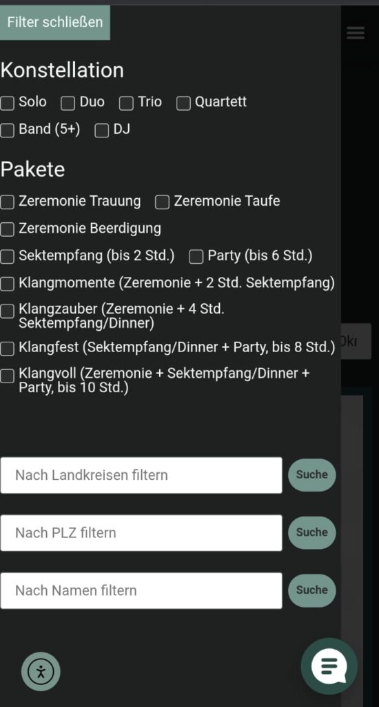 Screenshot einer Filterseite für Musiker auf der Musikervermittlung klanggeber-vermittlung.de mit Optionen zur Auswahl von Konstellationen (Solo, Duo, Trio, Quartett, Band, DJ) und Paketen (Zeremonie Trauung, Taufe, Beerdigung, Sektempfang, Party, Klangmomente, Klangzauber, Klangfest, Klangvoll) sowie Suchfeldern zum Filtern nach Landkreisen, PLZ und Namen.