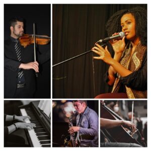 Musik und Gemeinschaft. Von gemeinsamen Playlists zu Live-Musik. Collage von fünf Bildern mit Musikern: ein Mann im Anzug spielt Geige, eine Frau singt in ein Mikrofon, Hände spielen Klavier, ein Mann spielt Saxophon, Hände spielen Cello. Beispiele für verschiedene Musiker:innen-Optionen bei Klanggeber