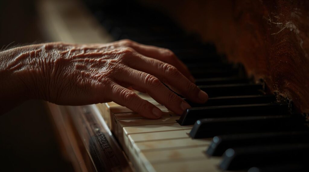 Nahaufnahme einer älteren Hand, die sanft Klaviertasten berührt, mit Fokus auf Hautstruktur und Klavierdetail in warmem Licht - Musikgedächtnis bei Demenz.