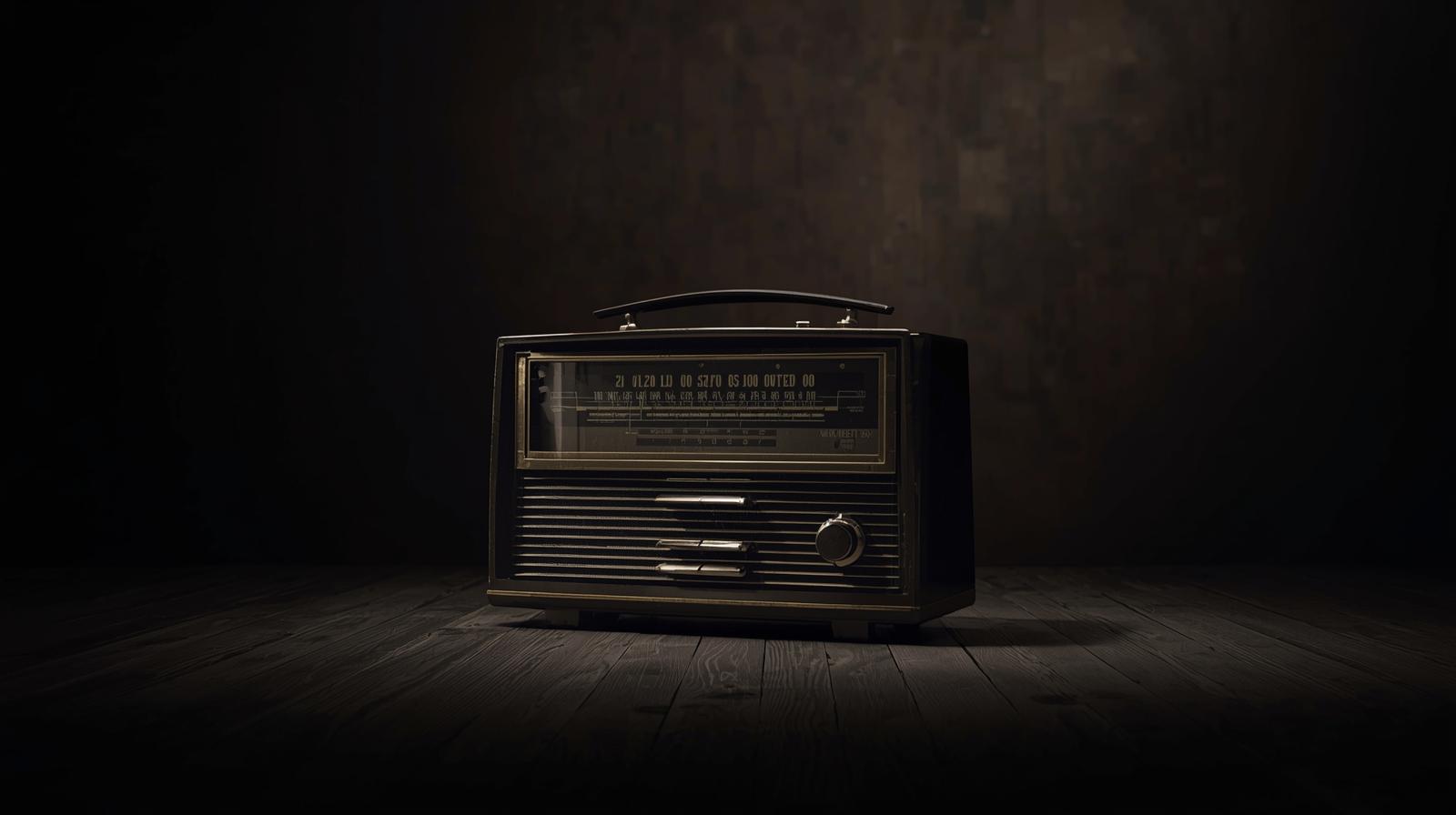Altes, schwarzes Radio mit Tragegriff auf dunklem Holzboden vor dunklem, unscharfem Hintergrund. Symbol für Erinnerungen durch Musik bei Demenz.