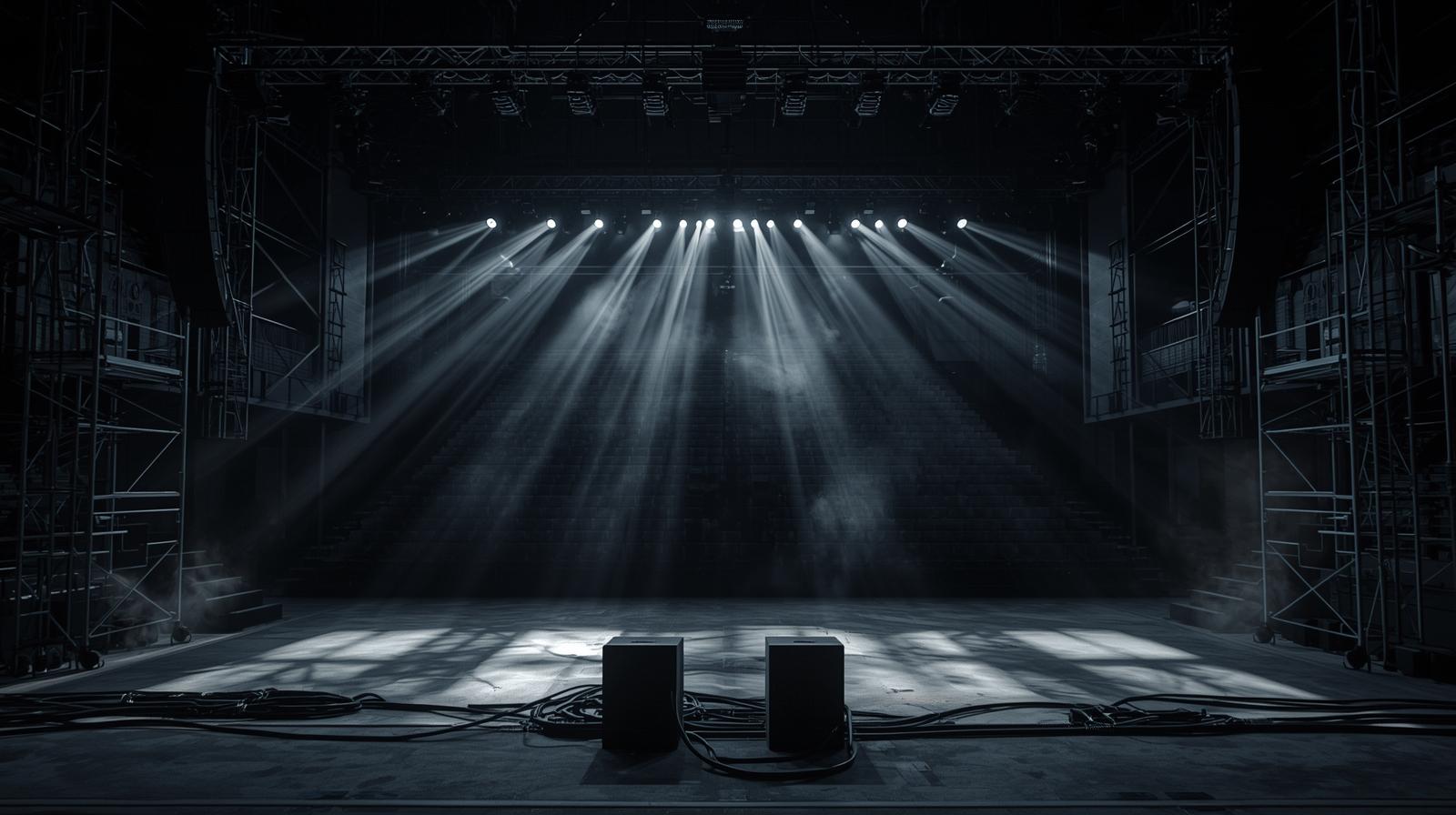 Aufbau der Technik für eine Veranstaltung – Bühne, Lautsprecher und Kabel im Halbdunkel. Leere Bühne in einem dunklen Theater mit Bühnenlichtern, die in weißen Strahlen nach vorne leuchten, und zwei Lautsprechern mit Kabeln auf dem Boden im Vordergrund.