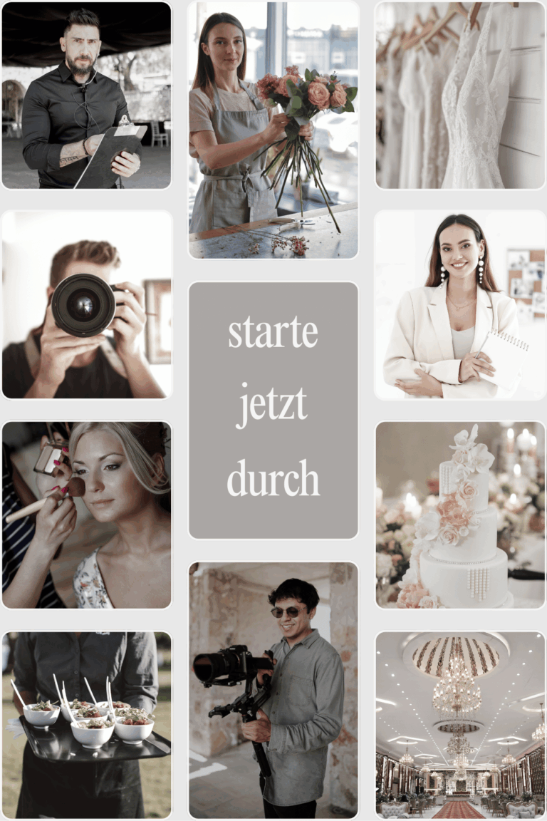 Collage mit neun Bildern rund um Hochzeitsplanung: Mann mit Klemmbrett, Frau arrangiert Blumenstrauß, Hochzeitskleider an Kleiderstange, Fotograf mit Kamera, Text 'starte jetzt durch', lächelnde Frau mit Notizblock, Frau bekommt Make-up, mehrstöckige Hochzeitstorte mit Blumen, Kellner trägt Tablett mit kleinen Salatgerichten, Mann mit Filmkamera, eleganter Festsaal mit Kronleuchtern.