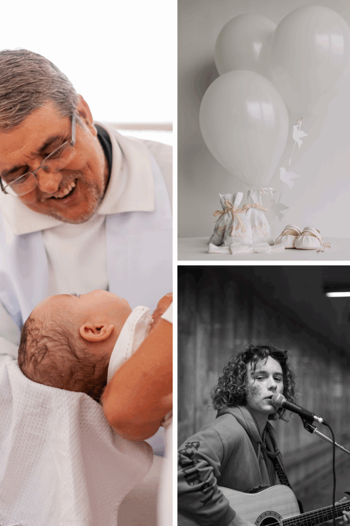 Dreiteilige Collage mit links einem lächelnden älteren Mann in weißem Kleidungsstück, der ein Baby hält, oben rechts drei weiße Luftballons, kleine Beutel und Babyschuhe auf einem Tisch, unten rechts ein junger Mann mit lockigem Haar, der Gitarre spielt und singt, in schwarz-weiß. Die richtige Auswahl der Musik für die Taufe hat eine große Bedeutung.