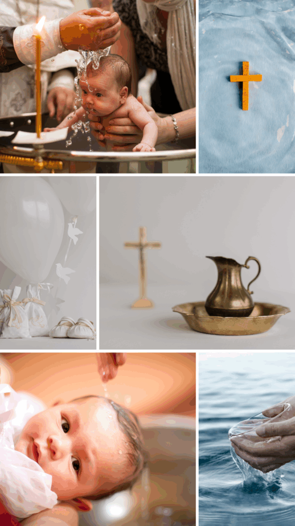 Musik für die Taufe: Collage aus sechs Bildern, die eine christliche Taufe zeigen: Ein Baby wird mit Wasser über dem Taufbecken begossen, ein gelbes Holzkreuz auf blauem Stoff, weiße Taufutensilien mit Ballons und Taubenmotiven, ein goldener Krug und Schale vor verschwommenem Holzkreuz, Nahaufnahme eines Babys während der Taufe, Hände schöpfen Wasser aus einem Gewässer mit einem Becher.