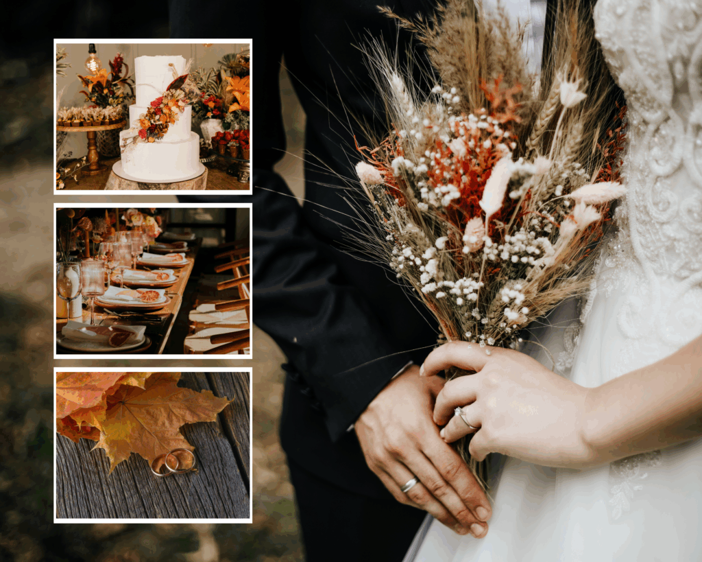 Deko und Farben bei der Herbsthochzeit: Collage aus vier Fotos mit Hochzeitsthema: Braut und Bräutigam halten gemeinsam einen Brautstrauß aus Trockenblumen, darunter eine weiße dreistöckige Hochzeitstorte mit floraler Dekoration, ein festlich gedeckter Tisch mit Gläsern und Tellern sowie zwei goldene Eheringe auf einem Holztisch neben herbstlichen bunten Blättern.