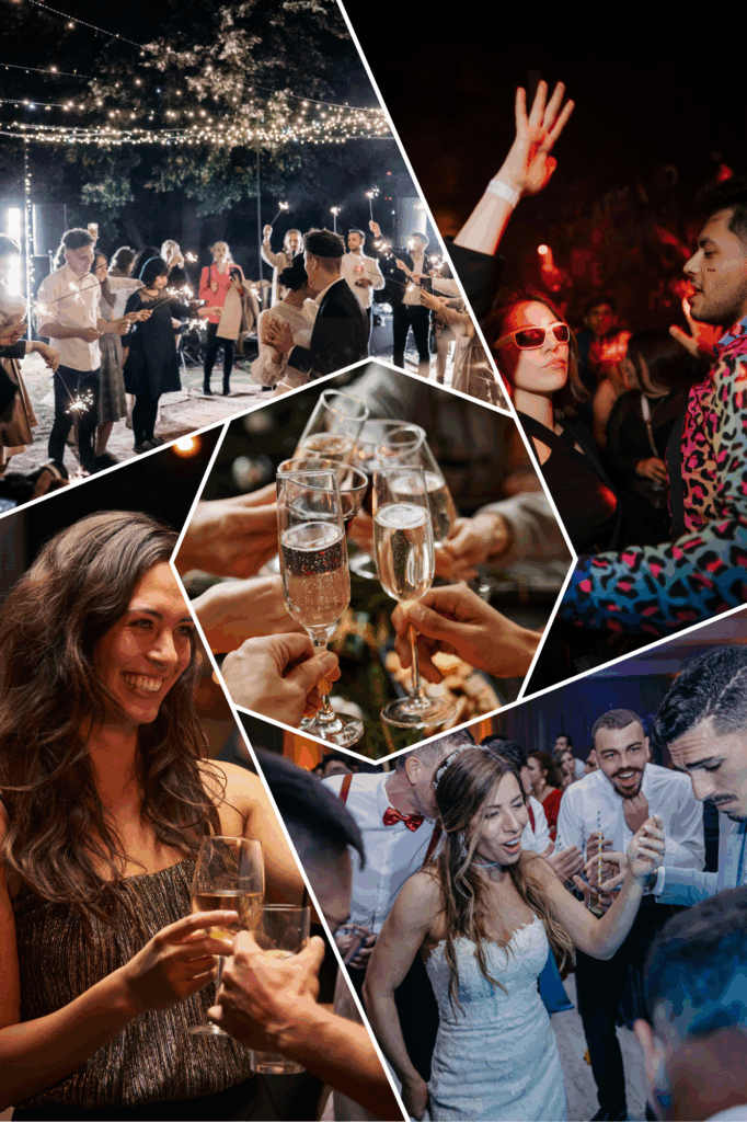 Collage mit fünf Szenen einer Feier, darunter ein Paar mit Wunderkerzen im Freien, eine Gruppe beim Anstoßen mit Champagnergläsern, eine Frau mit Sonnenbrille beim Tanzen in einem Club, eine lächelnde Frau beim Trinken und eine fröhliche Braut beim Feiern mit Gästen.Feiernde Gäste mit Musik – Privatfeiern bleiben meist GEMA-frei