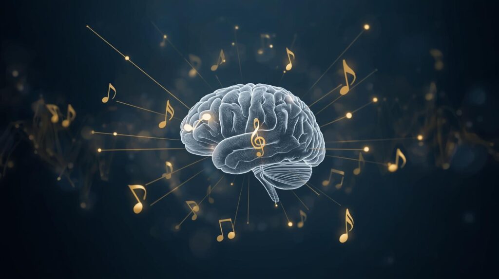 llustration eines Gehirns mit Musiknoten – Wirkung von Musik auf das Gehirn, Thema Demenz und Musik.