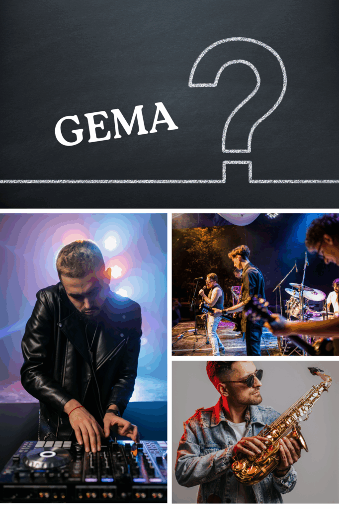 Dreiteiliges Bild: Oben ein schwarzes Schild mit der Aufschrift ‚GEMA‘ und einem weißen Fragezeichen aus Kreide, unten links ein DJ in Lederjacke, der an einem Mischpult arbeitet, unten rechts ein Musiker mit Sonnenbrille und Jeansjacke, der ein Saxophon hält, daneben eine Band, die live auf einer Bühne vor Publikum spielt.Gema: entscheidend ist privat oder öffentlich, nicht die Technik oder die Besetzung.