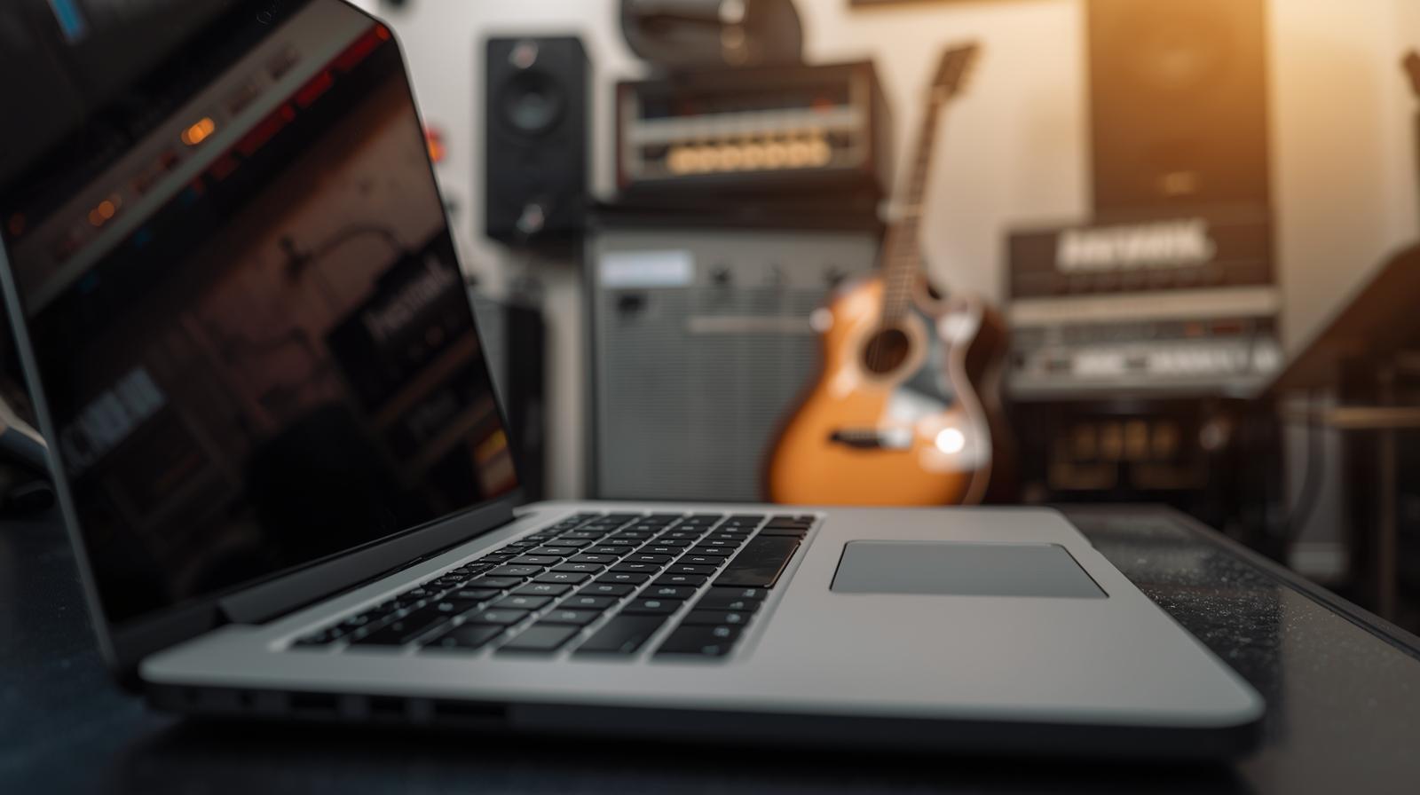 Seitenansicht eines offenen Laptops auf einem Tisch mit unscharfem Hintergrund, der eine akustische Gitarre und Audioverstärker in einem Musikstudio zeigt. Symbolbild für Verwaltungsarbeit von Musikern und Notwendigkeit für schnelle Antwortzeiten bei Buchungsanfragen