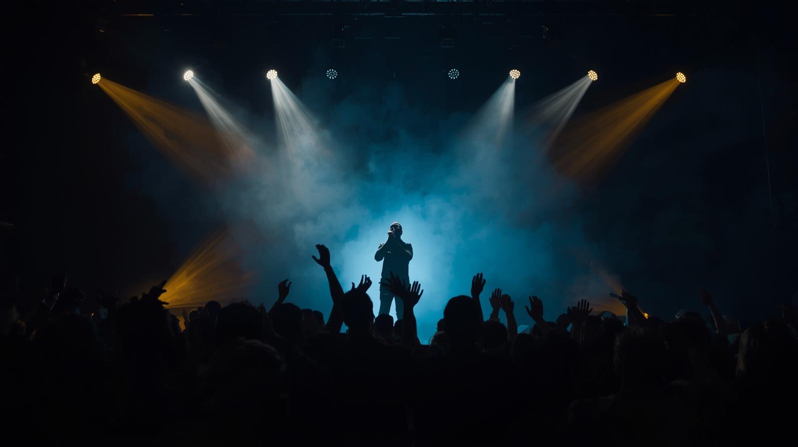 Silhouette eines Sängers auf einer Bühne mit blauem und orangefarbenem Bühnenlicht, vor einem Publikum, dessen Hände zum Applaus erhoben sind, im dunklen Konzertsaal. Live-Musik erzeugt emotionale Gänsehaut-Momente.