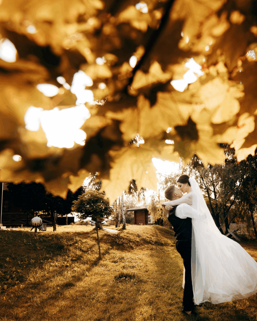 Herbsthochzeit: Brautpaar im Herbstlaub – Jahreszeit für eure Hochzeit. Brautpaar in Brautkleid und Anzug umarmt sich im Freien auf einer Wiese bei Sonnenuntergang, im Vordergrund große herbstliche Blätter unscharf.