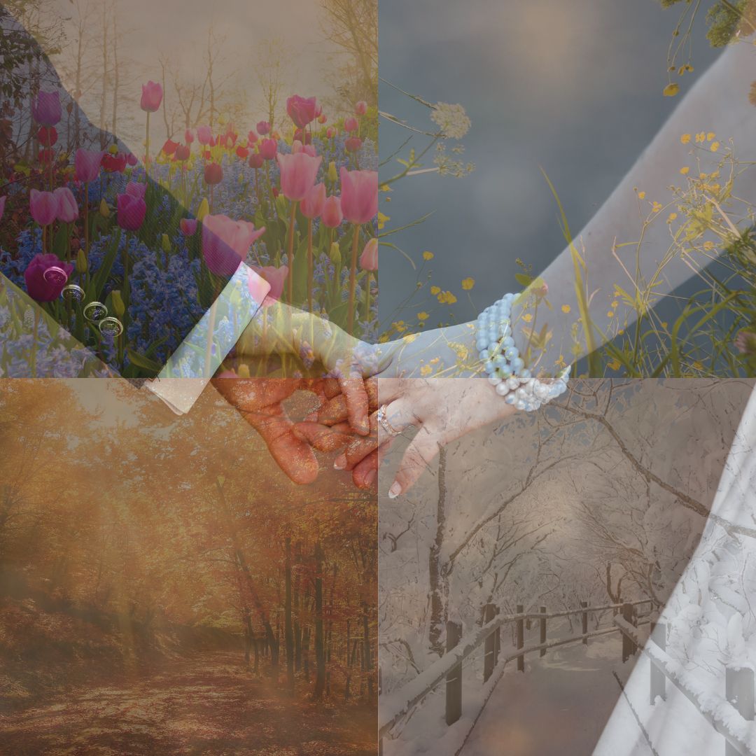 Verschmolzene Bilder eines Brautpaars, das Hände hält, und vier Jahreszeiten: Frühling mit Tulpen, Sommerwiese mit gelben Blumen, herbstlicher Waldweg und verschneiter Winterpfad. Die beste Jahreszeit für eure Hochzeit finden.