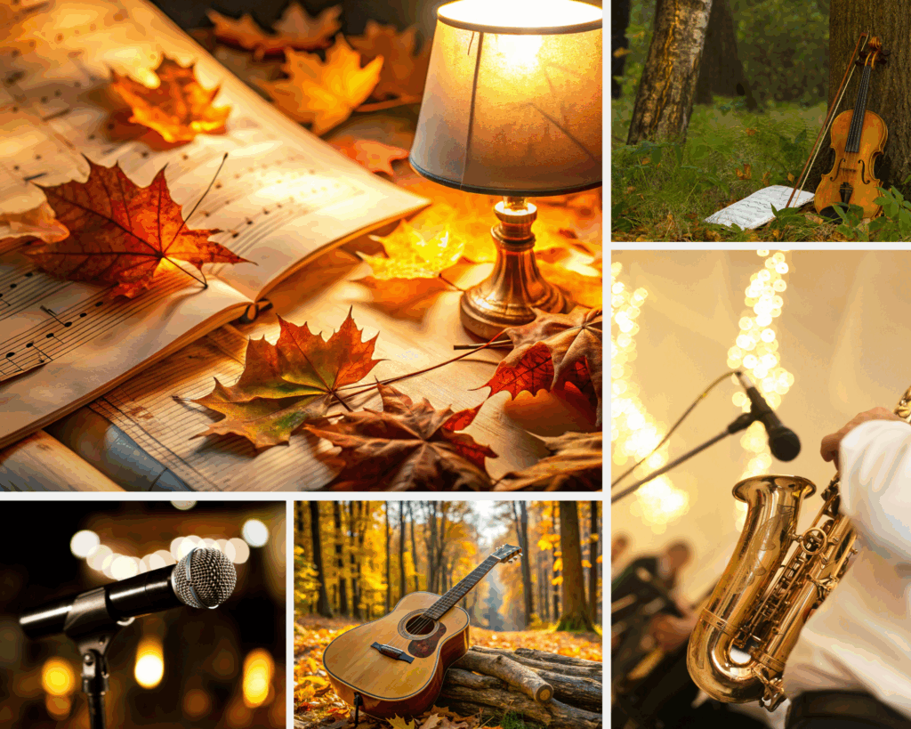 Akustische Musik für die gemütliche Herbsthochzeit: Fünf herbstliche Musikbilder in einer Collage: ein beleuchtetes Notenblatt mit Herbstblättern und Lampe, eine Violine mit Bogen an einem Baum im Wald neben einem Notenblatt, ein Mikrofon vor unscharfem Hintergrund mit Lichtern, eine Gitarre auf einem Holzstamm im Wald mit Herbstlaub, und ein Saxophonspieler vor Mikrofon mit verschwommenem Publikum und Lichtern im Hintergrund.