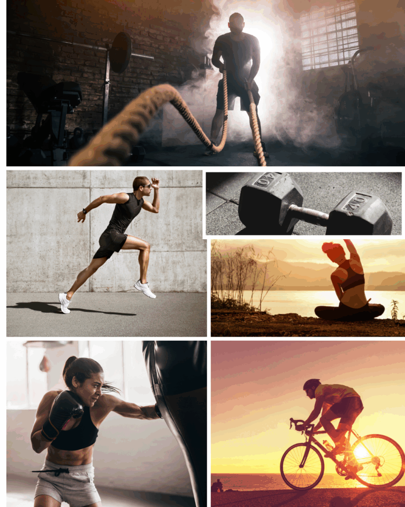 Collage Musik und Sport – verschiedene Sportarten wie Laufen, Radfahren, Yoga und Krafttraining.