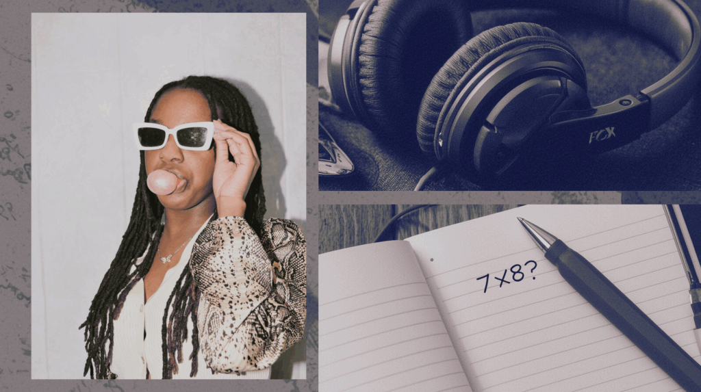 Collage bestehend aus einer Frau mit langen Dreadlocks, weißer Sonnenbrille und Kaugummi, einem Paar schwarzen Kopfhörern auf einem dunklen Stoffhintergrund und einem Notizbuch mit der handgeschriebenen Frage "7x8?" neben einem blauen Kugelschreiber. 3 Tipps um Ohrwürmer loszuwerden.