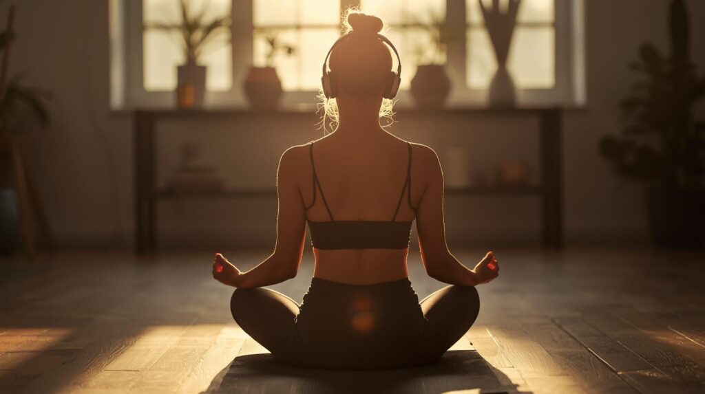Frau sitzt im Schneidersitz auf Yogamatte in einem Raum mit Holzboden, trägt Kopfhörer und meditiert mit geöffneten Händen im Lotus-Mudra vor einem großen Fenster mit Pflanzen und Sonnenlicht im Hintergrund.