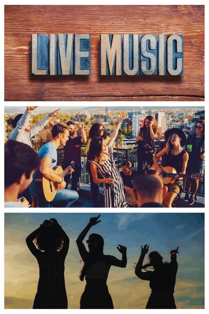 Dreiteilige Collage mit oben hölzernen Buchstaben, die LIVE MUSIC bilden, in der Mitte Menschen, die auf einer Dachterrasse Live-Musik feiern und zwei Personen mit Gitarren spielen, unten Silhouetten von drei tanzenden Frauen vor einem Sonnenuntergangshimmel. Live-Musik schafft eher Gänsehaut-Momente.