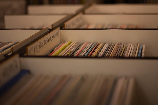 Vintage-Platten in mehreren weißen, beschrifteten Kisten nebeneinander, unscharf im Vordergrund und im Hintergrund, scharf in der Bildmitte