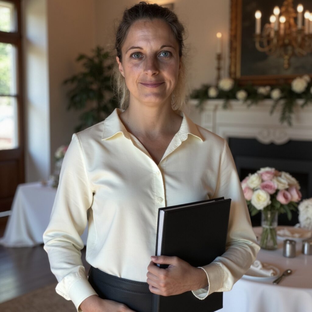 Musik und Hochzeitsplanung mit Kristin: Frau in hellem Hemd hält in einem elegant dekorierten Raum mit Blumen und Kerzen ein schwarzes Ordner- oder Tischmappeobjekt vor dem Oberkörper.