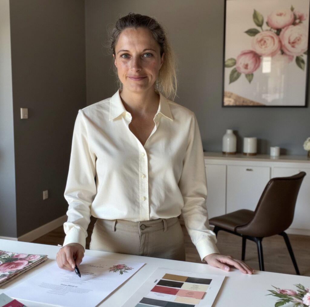 Musik und Hochzeitsplanung: Frau mit blondem Pferdeschwanz und cremefarbener Bluse steht an einem weißen Tisch und hält einen Stift über Dokumente mit floralen und Farbmustern; im Hintergrund ein brauner Stuhl, weiße Kommode und ein Bild mit rosa Rosen an der grauen Wand.