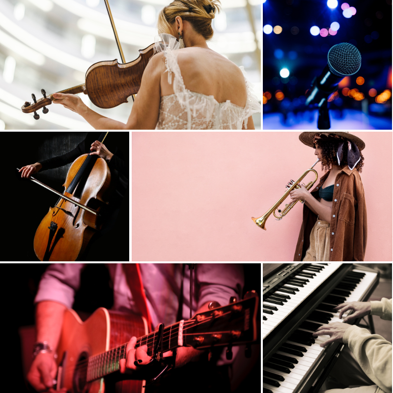 Collage mit sechs Bildern von verschiedenen Musikinstrumenten und Musikern: Frau spielt Geige in weißem Spitzenkleid, Mikrofon vor bunter Lichtkulisse, Musiker spielt Cello vor schwarzem Hintergrund, Frau mit Hut spielt Trompete vor rosafarbenem Hintergrund, Person spielt akustische Gitarre mit rotem Licht, Hände spielen Klavier.