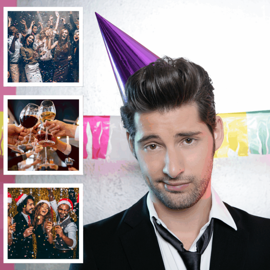 Mitarbeitende feiern ausgelassen auf einer Firmenparty mit Musik, Tanz und Drinks – Symbol für gelungene Musik für die Firmenfeier.Mann mit schwarzem Anzug, weißem Hemd und lockerem schwarzem Krawattenknoten trägt eine lila Party-Hutspitze und steht vor einer weiß-grau strukturierten Wand mit bunter Girlande, wirkt leicht gelangweilt oder müde; links daneben drei kleine Bilder: oben eine Gruppe feiernder junger Menschen unter Konfetti, in der Mitte Hände stoßen mit Weingläsern an, unten drei fröhliche Personen mit Weihnachtsmützen und Getränken, umgeben von goldener Dekoration und Konfetti.