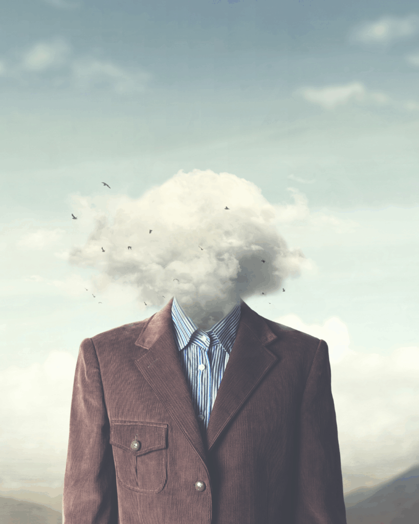 Symbolisches Porträt eines Mannes mit Wolken anstelle des Kopfes – Sinnbild für Stress, Gedankenchaos und mentale Überlastung.