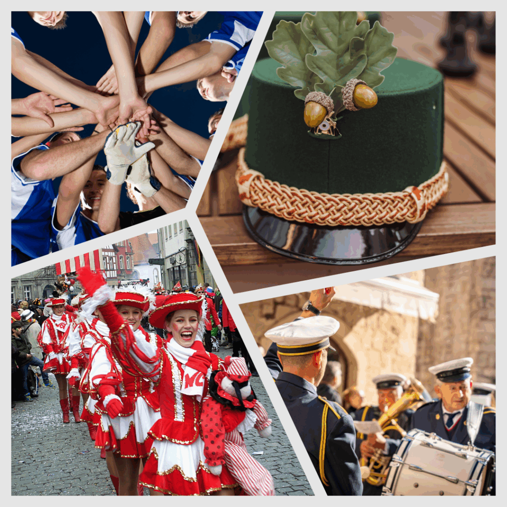 Collage aus vier Bildern: Oben links eine Gruppe junger Sportler, die ihre Hände zusammenlegen, oben rechts ein grüner Hut mit Eichenlaub und Eicheln als Dekoration, unten links tanzende Frauen in roten und weißen traditionellen Karnevalskostümen auf einer Straße, unten rechts ein Blasmusik-Orchester mit Musikern in Uniform und verschiedenen Instrumenten.