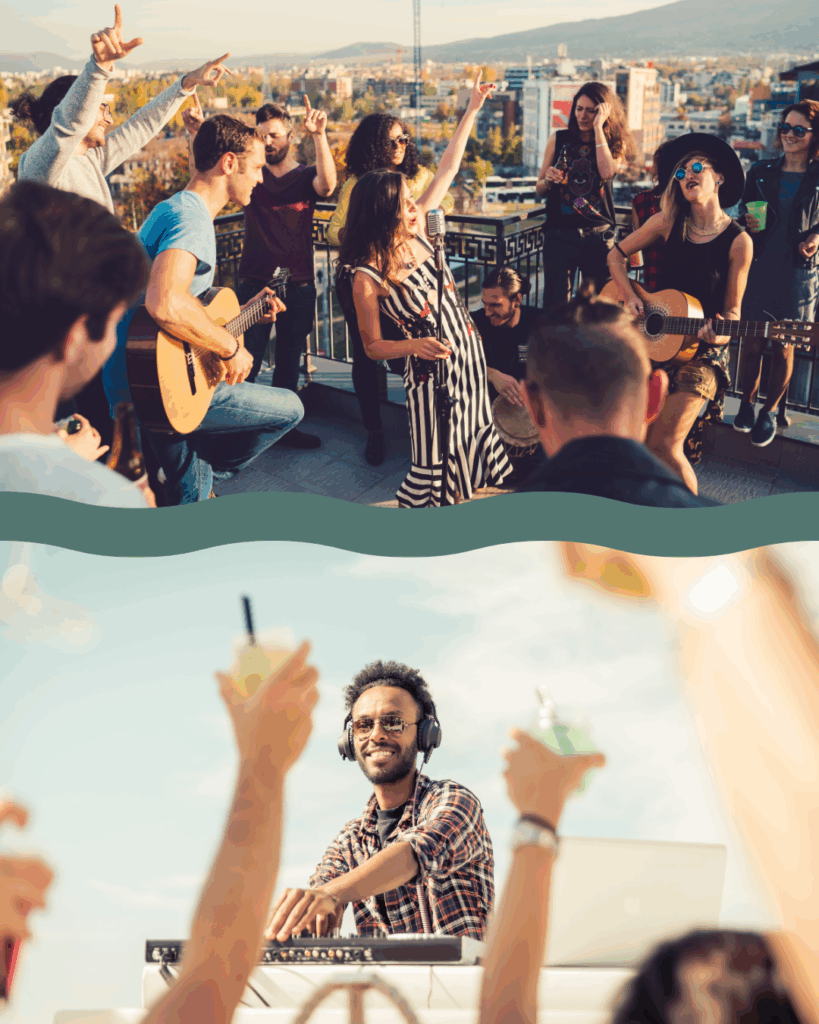 Oben: Gruppe junger Menschen, die auf einer Dachterrasse bei Tag Musik machen und feiern, zwei spielen Gitarre, eine singt in ein Retro-Mikrofon, andere tanzen und jubeln. Unten: DJ mit Kopfhörern und Sonnenbrille mixt Musik an einem Mischpult bei Tageslicht, während Hände mit Getränken im Vordergrund zu sehen sind, Feierliche Stimmung im Freien.