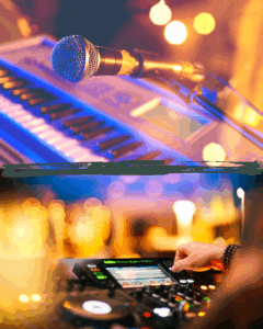 Live-Musik oder DJ? Finde die perfekte Lösung für deinen Geburtstag. Oben ein Mikrofon vor einem Keyboard in warmem Bühnenlicht, unten eine Hand, die an einem DJ-Mischpult mit bunten LEDs und Reglern arbeitet, im Hintergrund unscharfe Lichter.