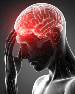 Illustration eines menschlichen Kopfes mit sichtbarem Gehirn, das rot hervorgehoben ist, während die Person sich mit der Hand an die Stirn fasst, was auf Kopfschmerzen oder Stress hinweist.