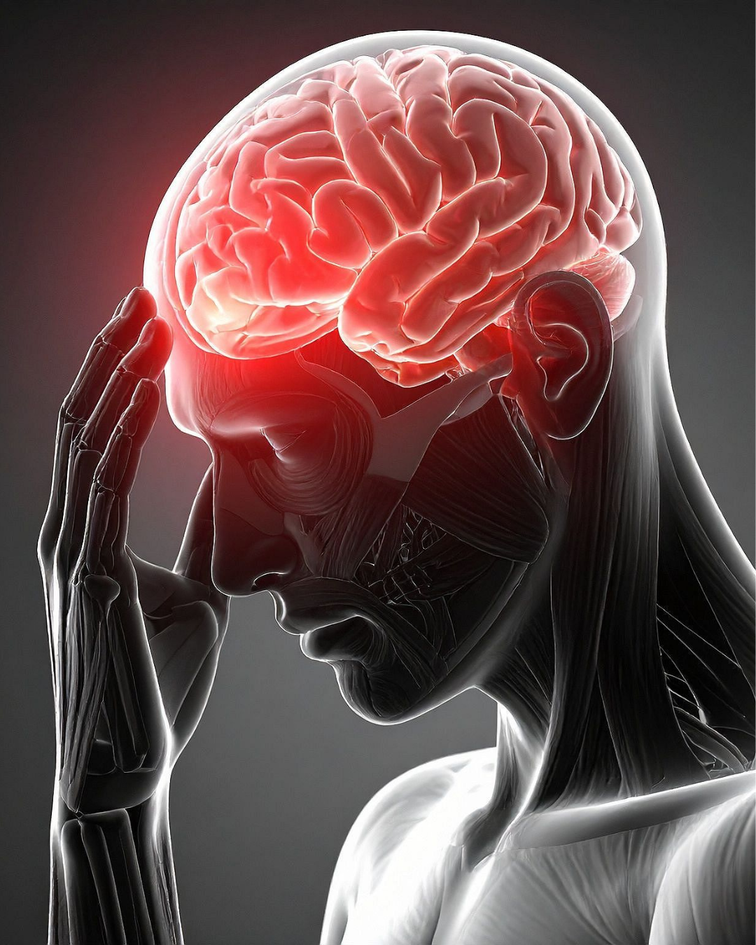 Illustration eines menschlichen Kopfes mit sichtbarem Gehirn, das rot hervorgehoben ist, während die Person sich mit der Hand an die Stirn fasst, was auf Kopfschmerzen oder Stress hinweist.