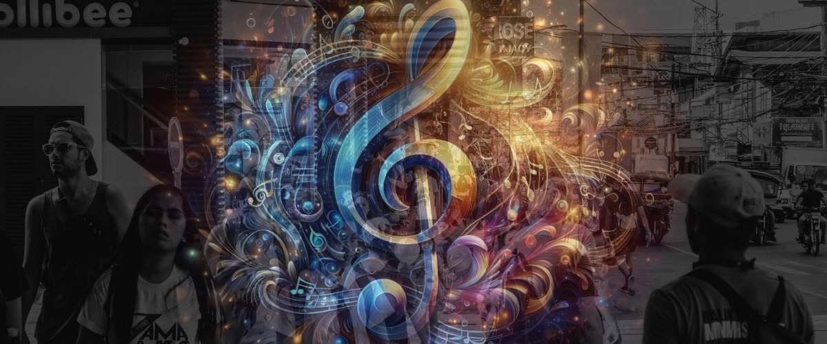 Musik und Gesellschaft: Straßenszene mit mehreren Menschen und Motorrädern, darüber gelegt ein farbenfrohes, kunstvolles Bild eines großen Violinschlüssels mit musikalischen Noten und abstrakten Verzierungen