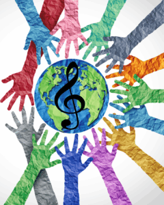 Musik und Gesellschaft: Musik verbindet Kulturen weltweit – ein universelles Band zwischen Menschen. Bunte Hände in einem Kreis, die auf eine stilisierte Erde mit einem schwarzen Violinschlüssel in der Mitte zeigen, symbolisch für weltweite Musikverbindung.
