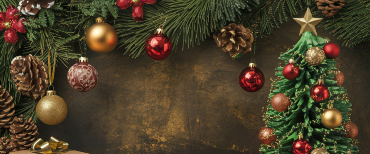 Weihnachtsmusik im Wandel - Grüner Weihnachtsbaum mit Stern und roten sowie goldenen Kugeln, Tannenzweige und Zapfen als Weihnachtsdekoration auf braunem Hintergrund.