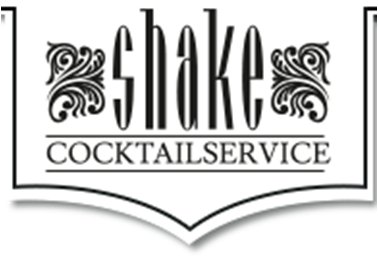 Logo mit dem Schriftzug shake in großer dekorativer Schrift und darunter Cocktailservice in kleinerer Schrift, verziert mit floralen Mustern an den Seiten