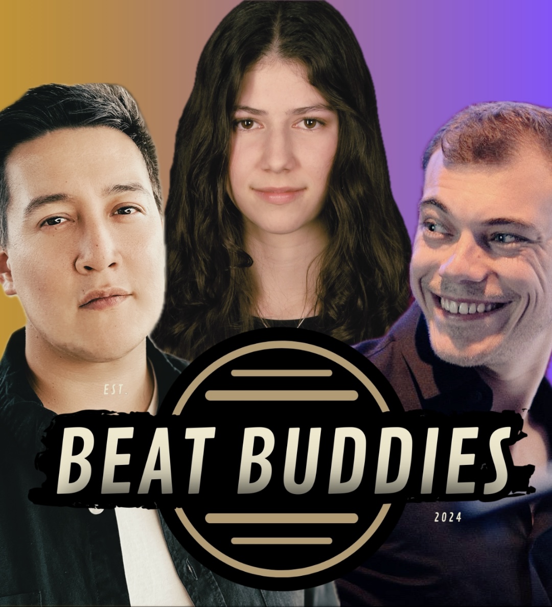 Drei Personen vor einem Hintergrund mit Farbverlauf von Orange zu Violett, darunter ein Logo mit der Aufschrift "Beat Buddies" und den Jahreszahlen "EST. 2024"