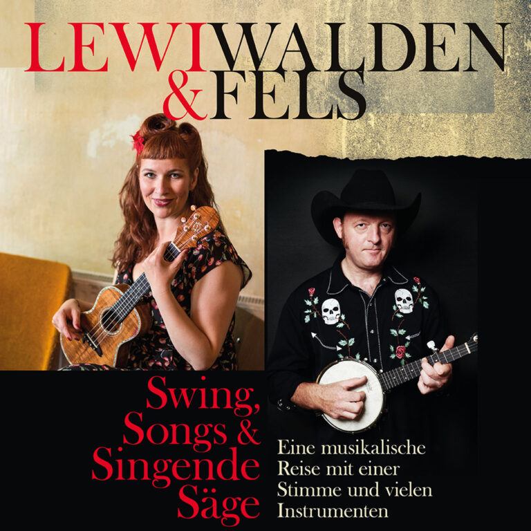 Porträts von zwei Musikern, eine Frau mit rotem Haar hält ein Ukulele und sitzt auf einem gelben Sitz, ein Mann trägt einen schwarzen Cowboyhut und ein Hemd mit Totenkopfstickereien und spielt Banjo, Text über Swing, Songs und Singende Säge sowie einer musikalischen Reise mit Stimme und Instrumenten.