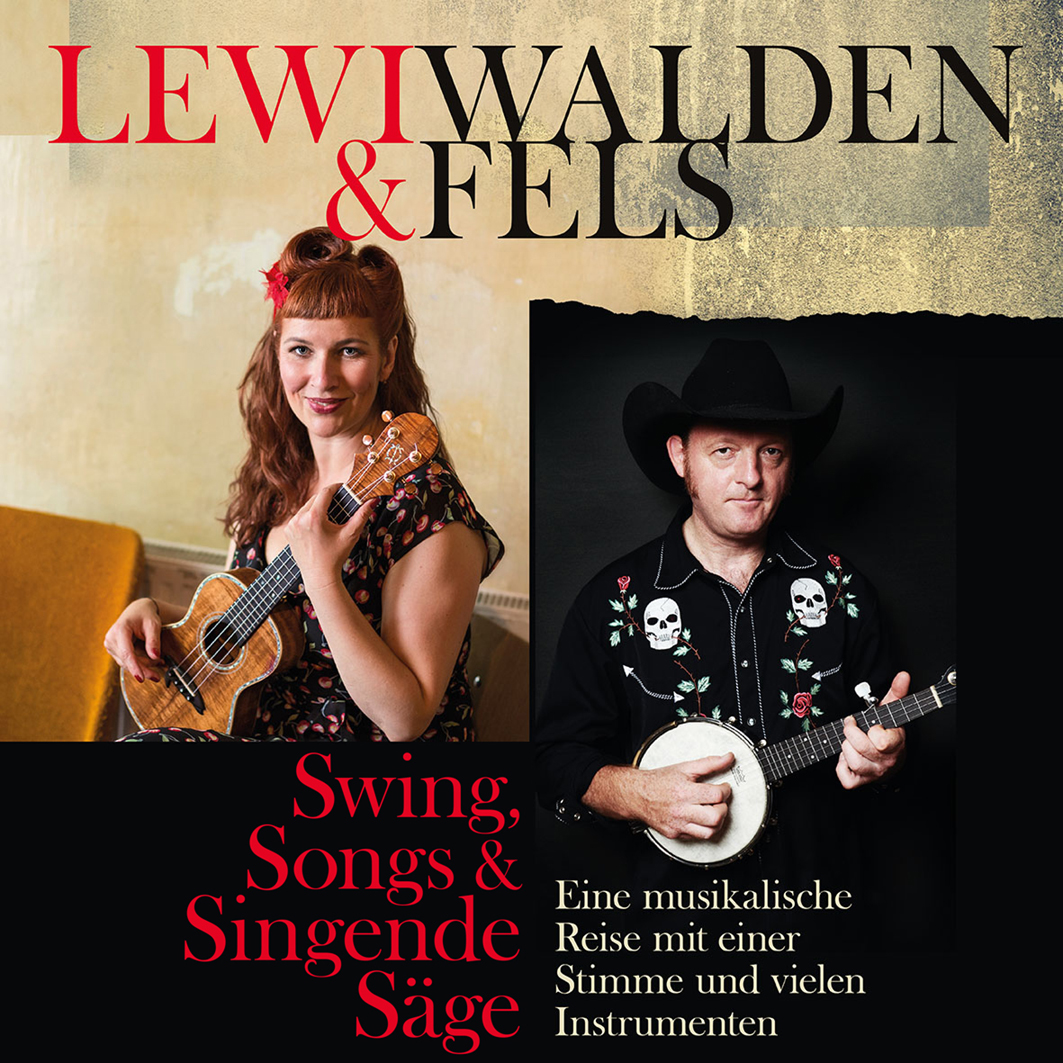 Porträts von zwei Musikern, eine Frau mit rotem Haar hält ein Ukulele und sitzt auf einem gelben Sitz, ein Mann trägt einen schwarzen Cowboyhut und ein Hemd mit Totenkopfstickereien und spielt Banjo, Text über Swing, Songs und Singende Säge sowie einer musikalischen Reise mit Stimme und Instrumenten.