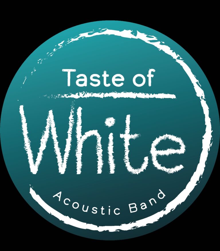 Rundes Logo mit einem blauen Hintergrund und weißem Rand, darauf steht in weißer Schrift Taste of White Acoustic Band.